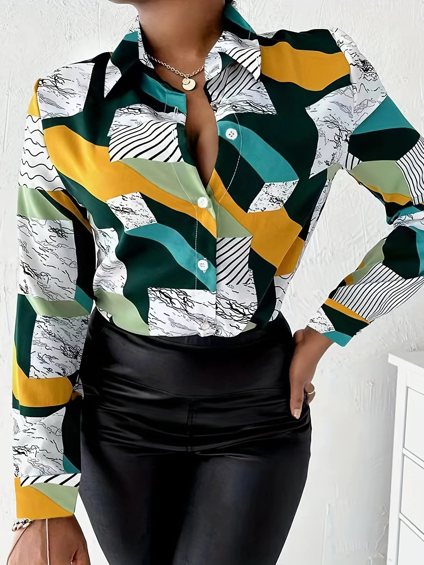 Plus Size Elegant Blouse, Women's Plus Graphic Print Long Sleeve Turn Down Collar Button Up Slim Fit Shirt Top - Deanwangkt