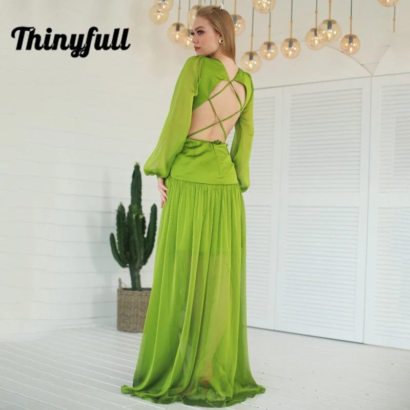 Green Simple Prom Dresses V-neck Irregular A Line Floor Length Puff Sleeve Hollow Out Evening Party Gowns Custom Size - Deanwangkt