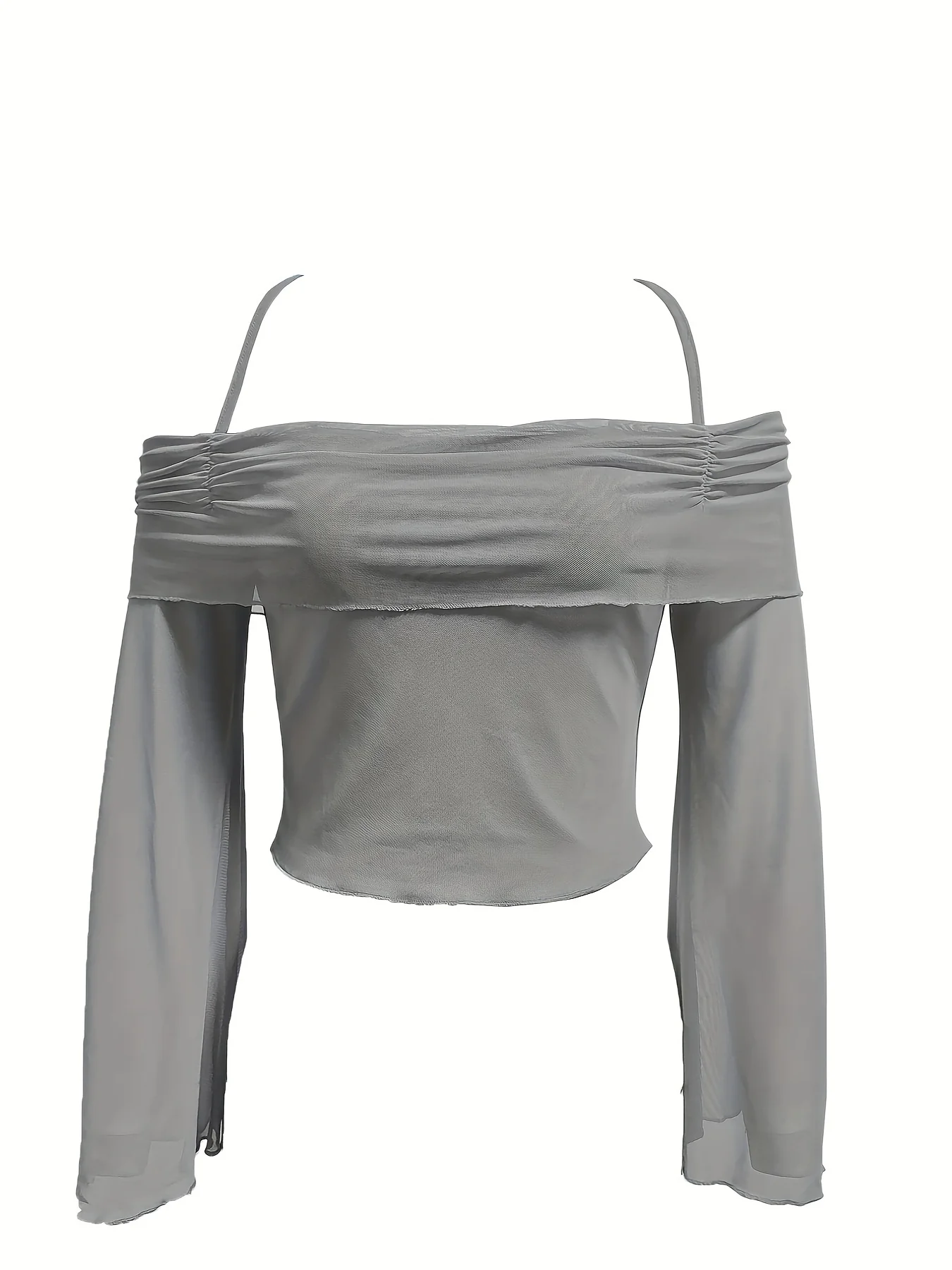 Solid Flared Sleeve Blouse, Casual Halter Neck Ruched Blouse, Women's Clothing - Deanwangkt