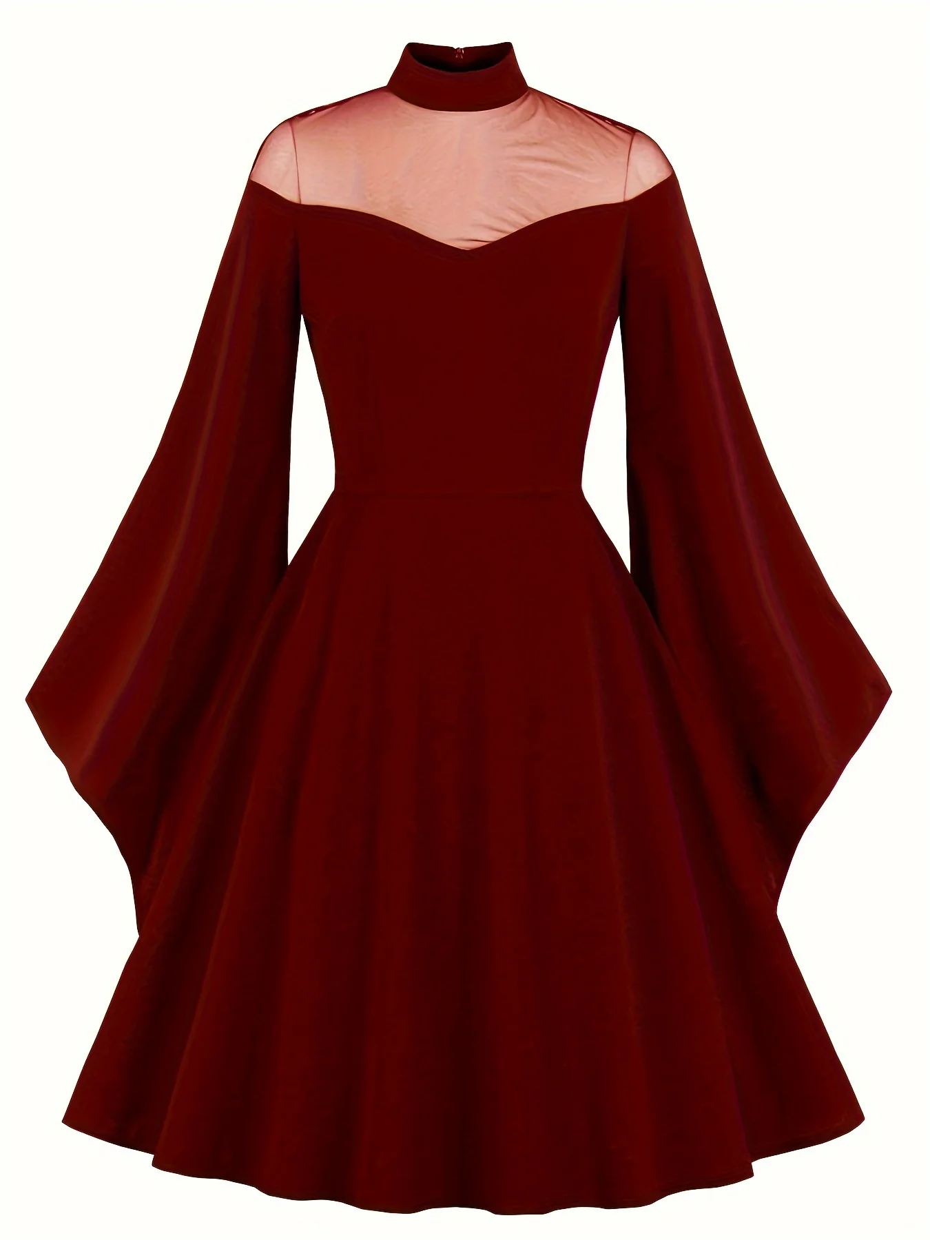 Plus Size Halloween Gothic Dress, Women's Plus Contrast Mesh Bell Sleeve High Neck Swing Party Dress - Deanwangkt