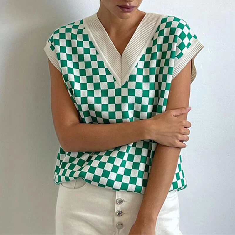 deanwangkt Ladies Autumn Winter Plaid Sweater Women Vest Pullover Casual Loose Streetwear Women Sweaters Knitted Female Waistcoat Chic Tops - Deanwangkt