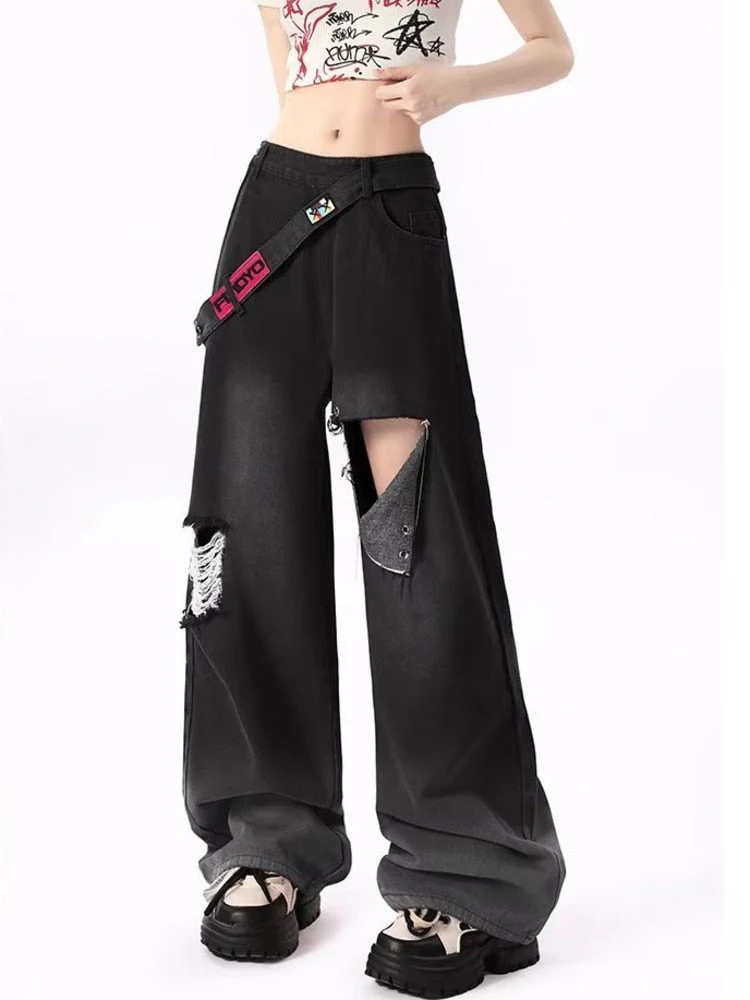 deanwangkt Spring and Autumn Dopamine Leisure Network Red Fried Street Age Reducing Gradient Denim Wide Leg Pants Women's Jeans - Deanwangkt