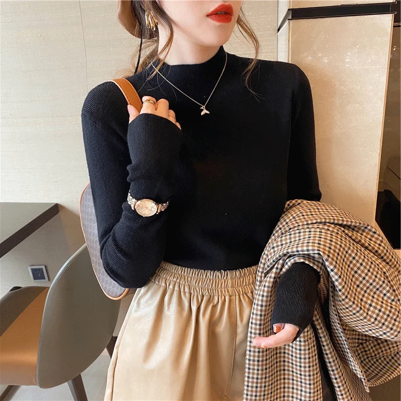deanwangkt Autumn Winter Women Mock neck Sweaters Pullover Tops Knitwear Fashion Female Long Sleeve Skinny Elastic Casual Knitted Shirts - Deanwangkt