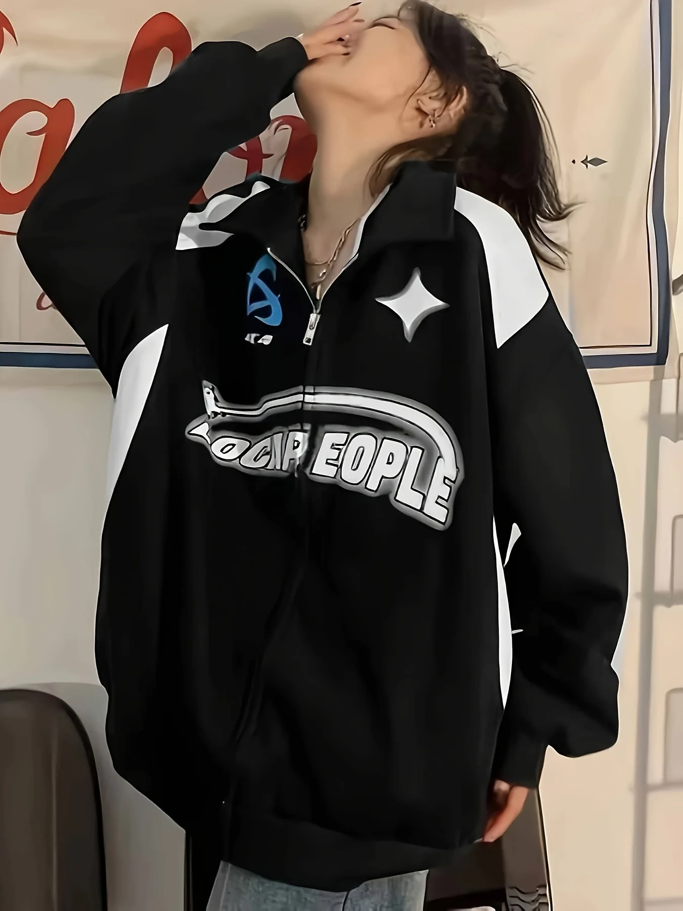 deanwangkt  Letter Print Color Block Sweatshirt, Y2K Pullover Half Zip Up Long Sleeve Lapel Sweatshirt For Fall & Winter, Women's Clothing - Deanwangkt