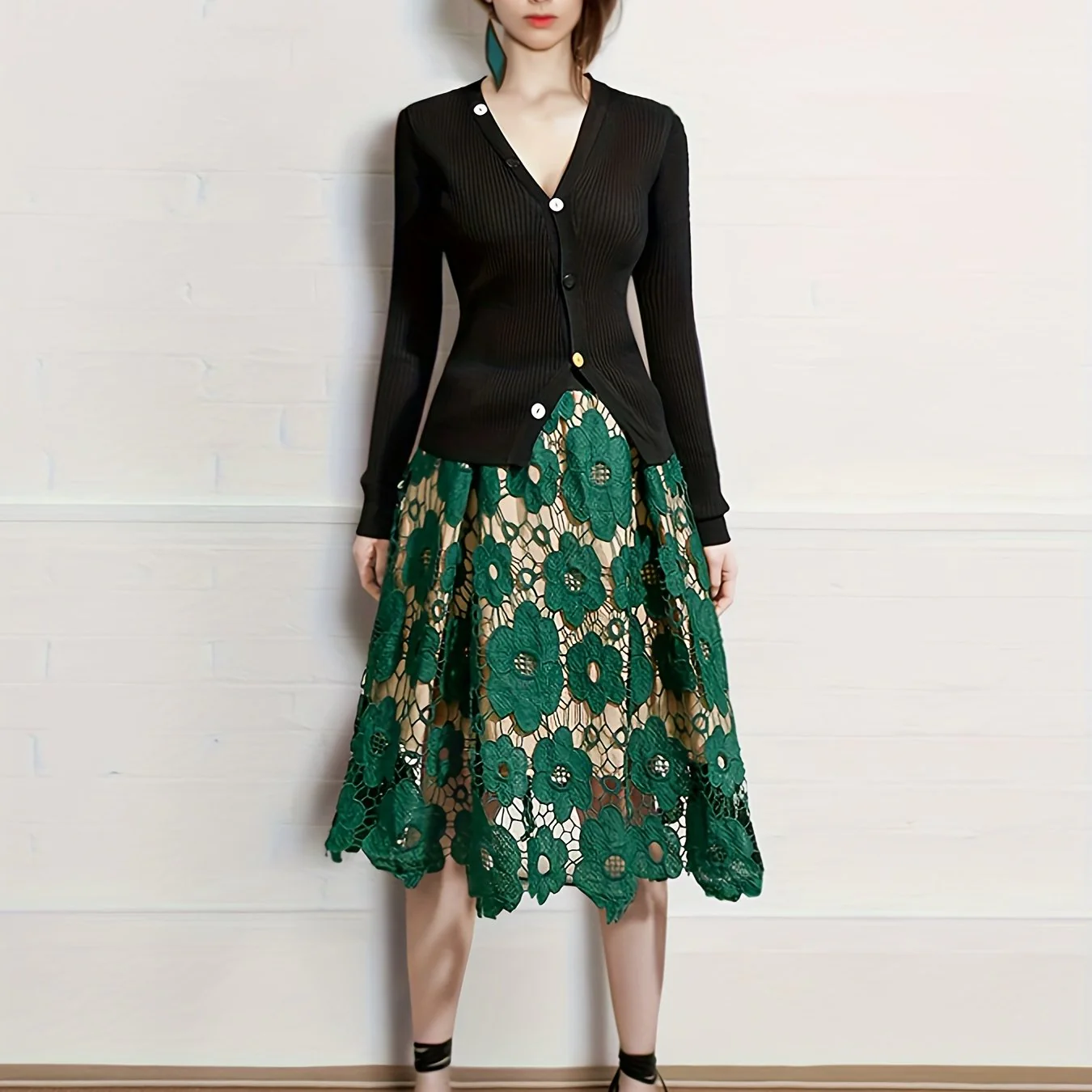 Guipure Lace Midi Skirts, Elegant High Waist Floral Pattern Skirts, Women's Clothing - Deanwangkt