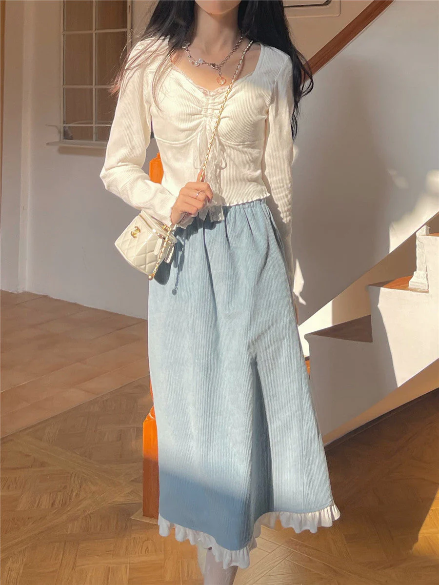 deanwangkt Autumn White Kawaii Lolita Female Blouse Lace Japanese Sweet Long Slevee Tops Women Knitted Casual Korean Designer Clothing - Deanwangkt