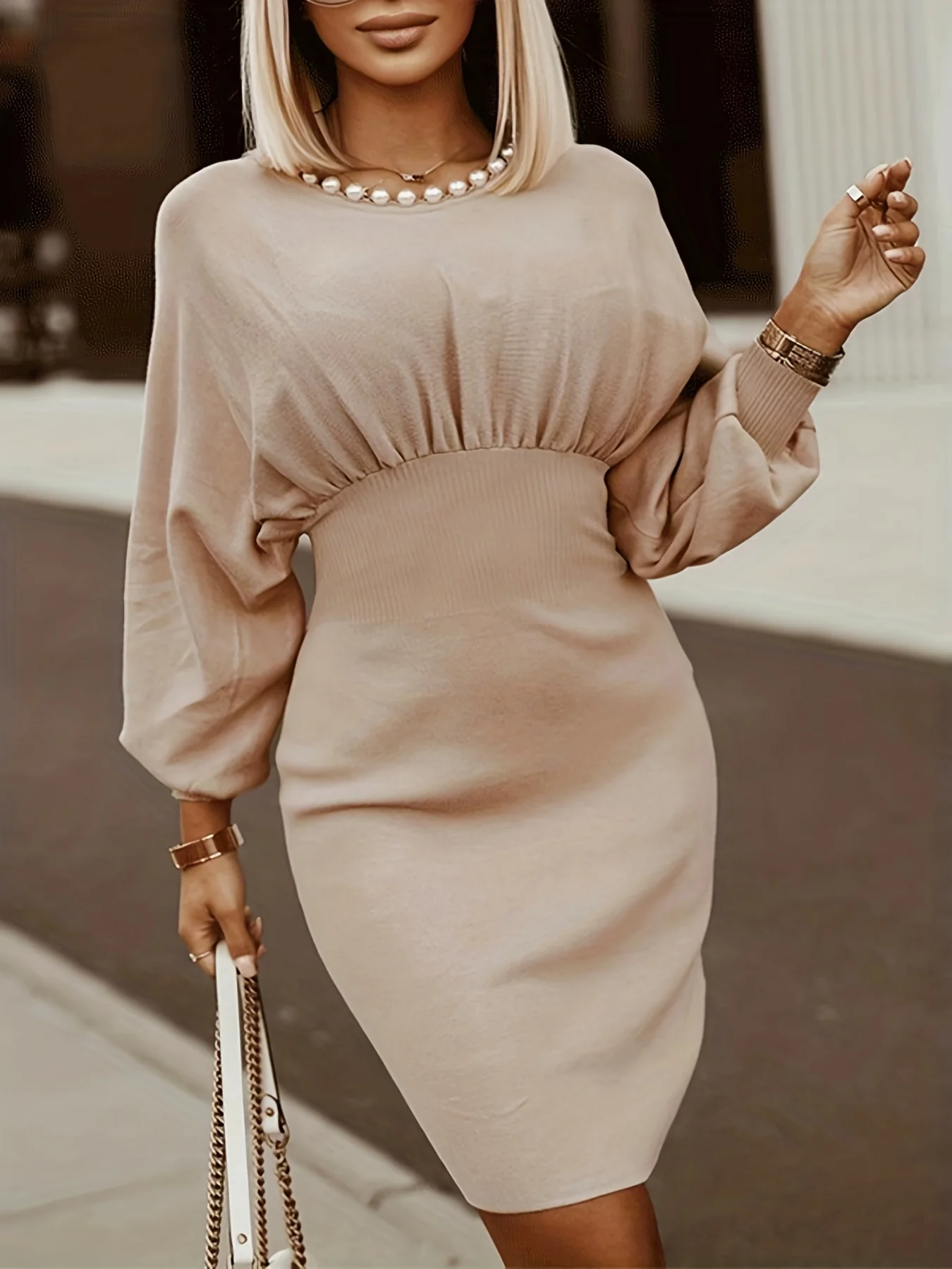 deanwangkt-1  Lantern Sleeve High Waist Pencil Dress, Elegant Solid Bag Hip Midi Dress, Women's Clothing - Deanwangkt