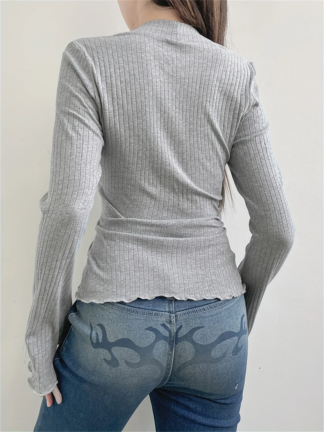 deanwangkt-1 Pleated Lace Stitching Ribbed T-Shirt, Casual Long Sleeve Top For Spring & Fall, Women's Clothing - Deanwangkt