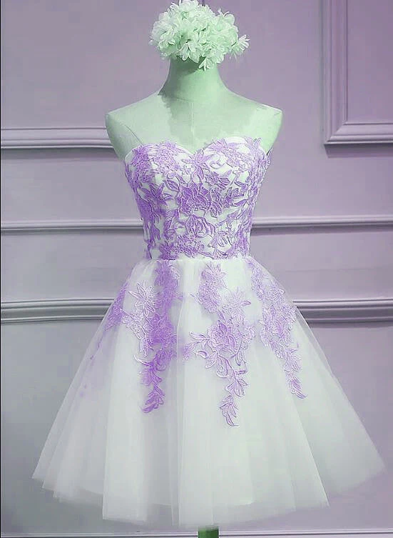 Solvbao Lovely Sweetheart White Tulle with Purple Lace, Cute Party Dress - Deanwangkt