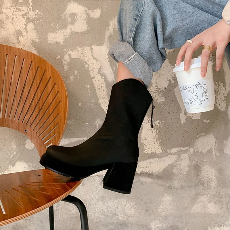 deanwangkt Autumn Shoes    New Fall/Spring Women Shoes Split Leather Platform Shoes Women Round Toe Chunky Boots for Women Concise Solid Black Modern Boots - Deanwangkt