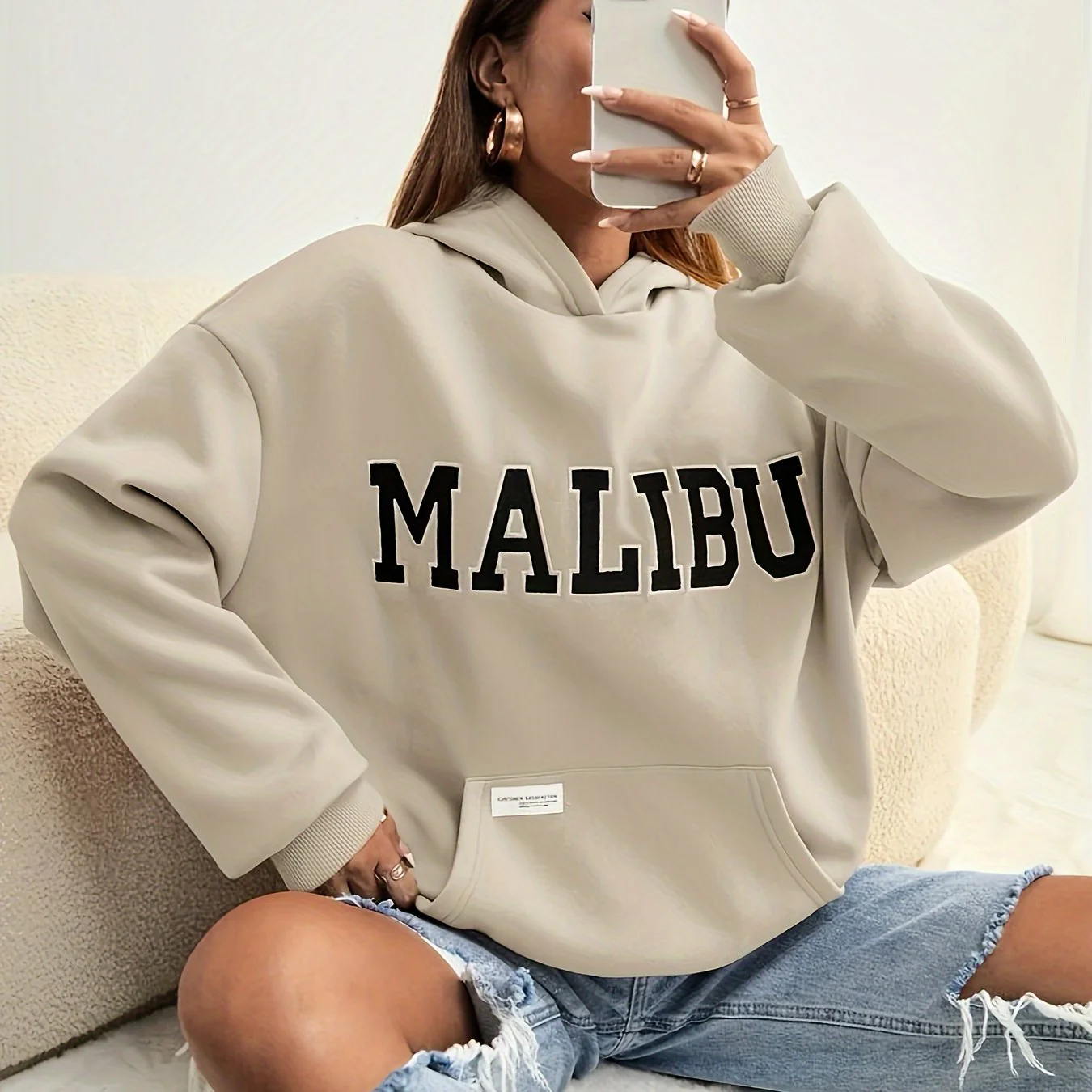 Letter Print Kangaroo Pocket Hoodie, Casual Long Sleeve Hoodie Sweatshirt, Women's Clothing - Deanwangkt