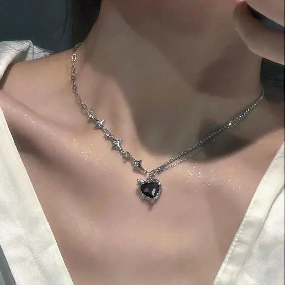 deanwangkt Y2K Star Zircon Pendant Necklace for Women Luxury Sweet Cool Girl Punk Heart Clavicle Chain New Fashion Jewelry Party Gift - Deanwangkt