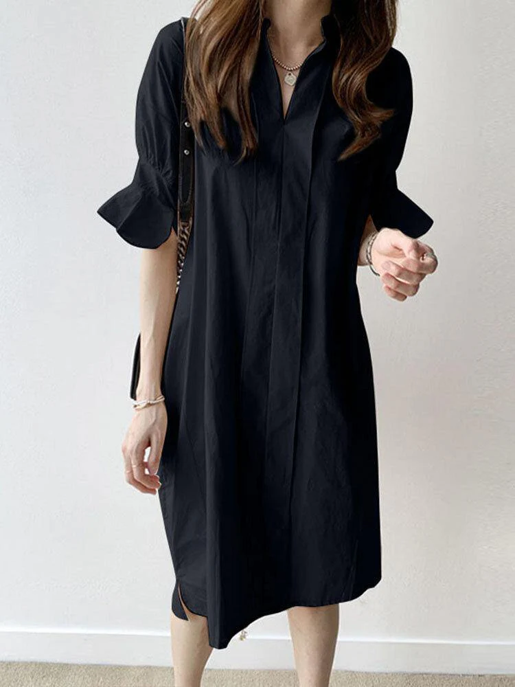 deanwangkt Casual Plain Lapel Button Half Sleeve Side Pocket Shirt Dress - Deanwangkt