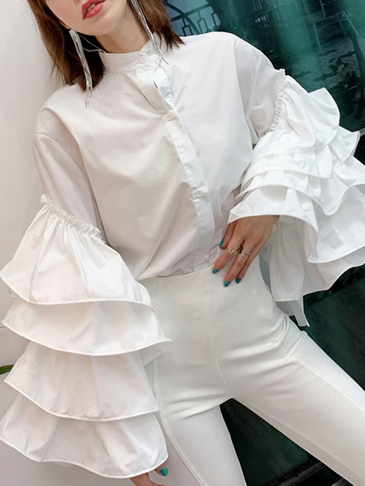 deanwangkt Loose Solid Shirt For Women Stand Collar Lantern Sleeve Patchwork Ruffle Single Breasted Chic Blouse Female  Spring - Deanwangkt