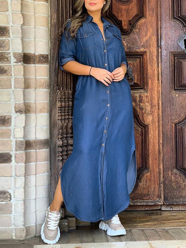 deanwangkt Casual Lapel Button Three Quarter Sleeve Solid Denim Maxi Dress - Deanwangkt