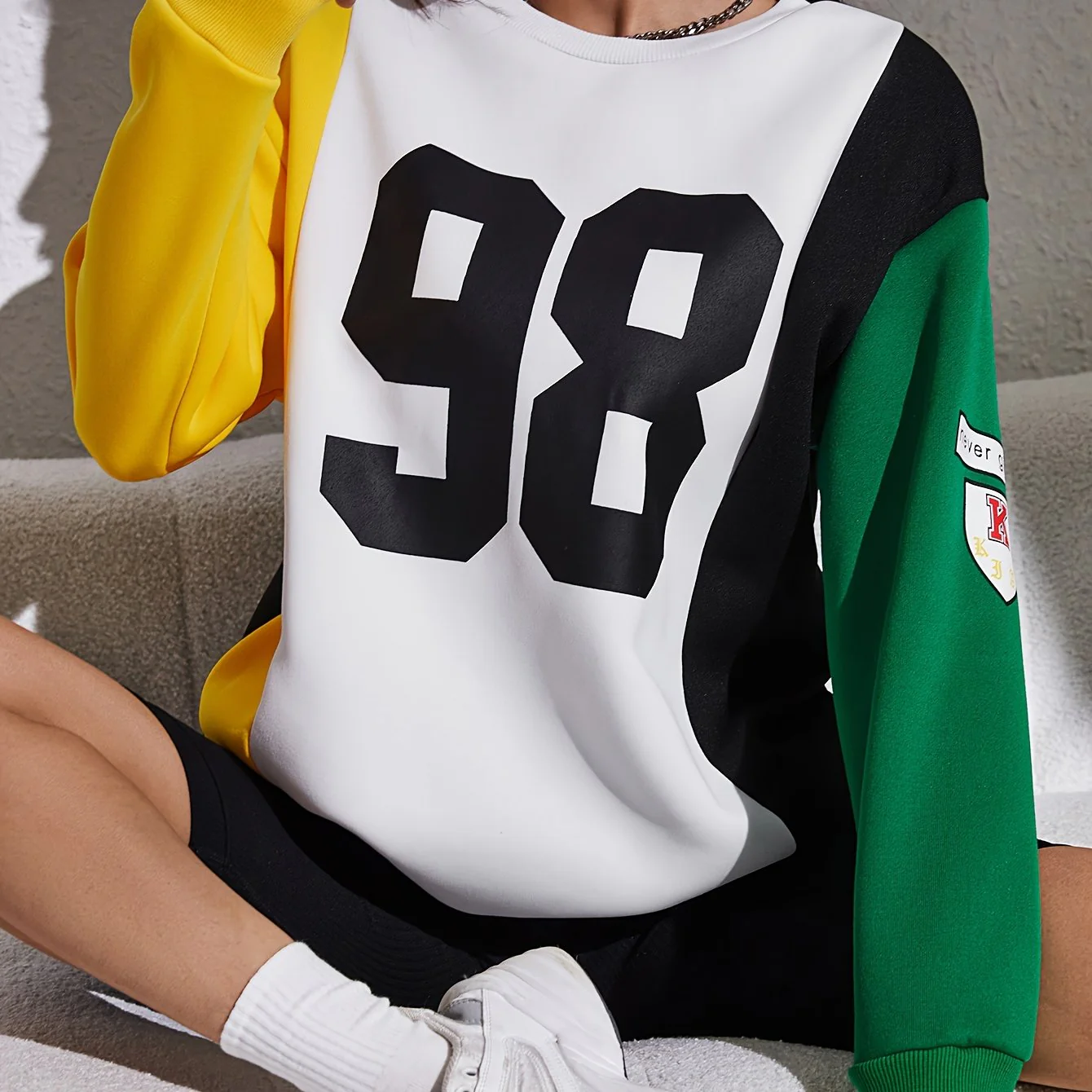 deanwangkt-1 Color Block Number Print Pullover Sweatshirt, Casual Long Sleeve Crew Neck Sweatshirt For Fall & Winter, Women's Clothing - Deanwangkt