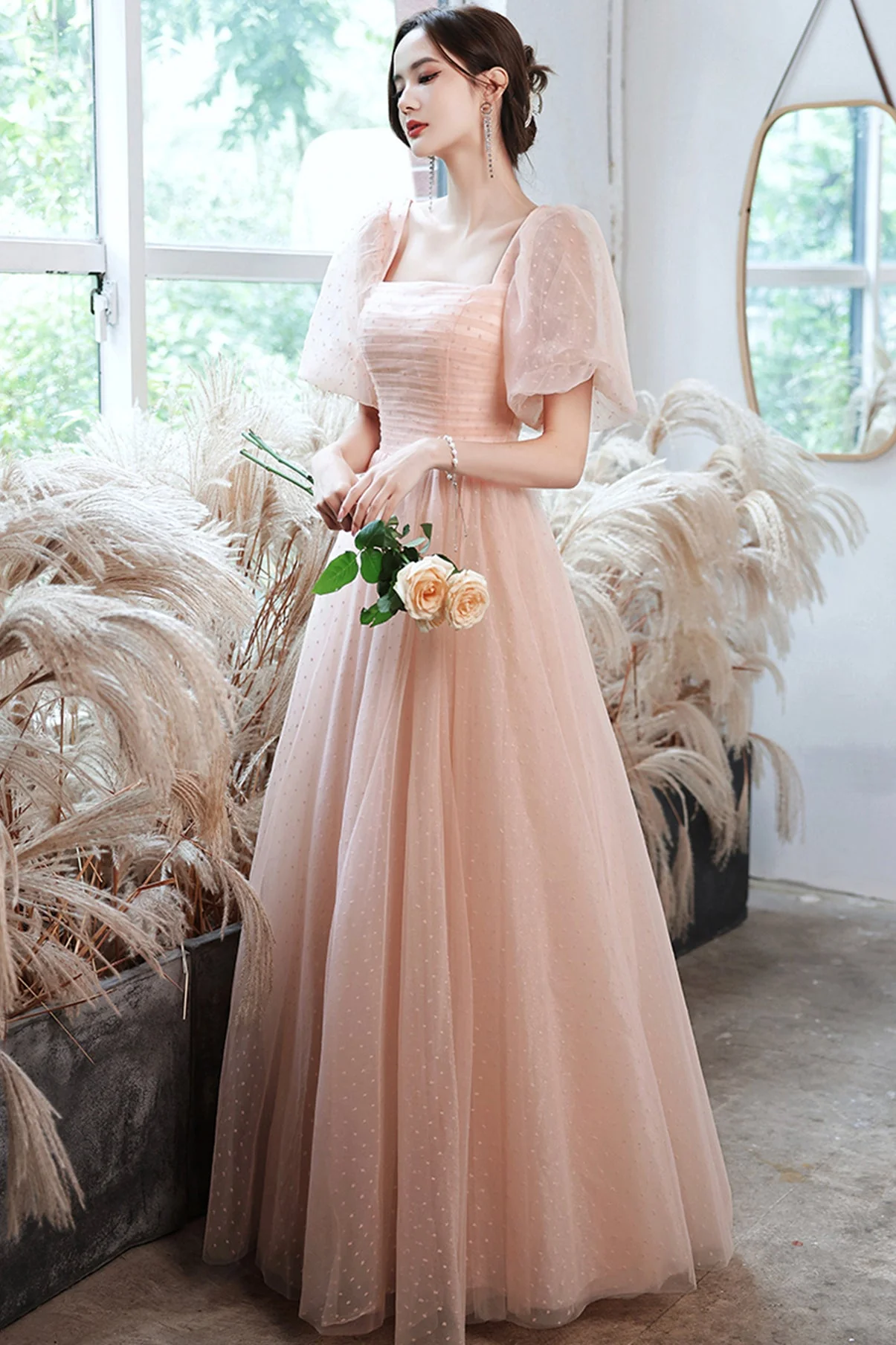 solvbao Pink Tulle Long Prom Dresses, A-Line Evening Dresses - Deanwangkt