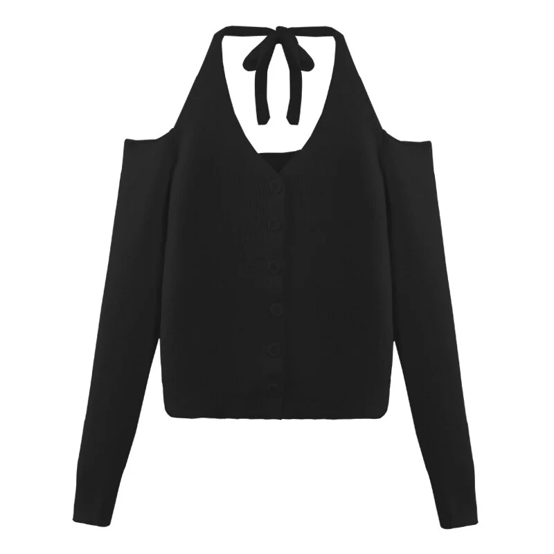 deanwangkt Spring Elegant Halter V Neck Kint Sweater Women Vintage Pullover Casual Long Sleeve Y2k Crop Tops Female Korean Blouse Chic - Deanwangkt