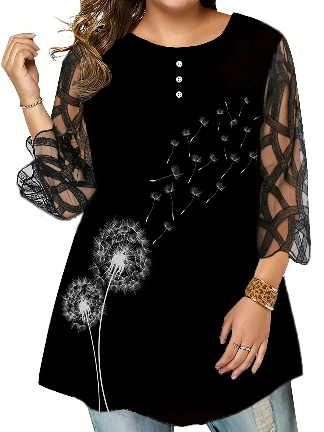 Women's Plus Size Crew Neck Tee, Casual Spring Summer Fall Top T-Shirt Contrast Mesh - Deanwangkt