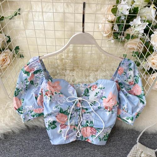 deanwangkt Short Blouses Women Fashion Sexy Bandage Crop Top Summer Vintage Gothic Shirt Ladies Flower Print Top Feminine - Deanwangkt