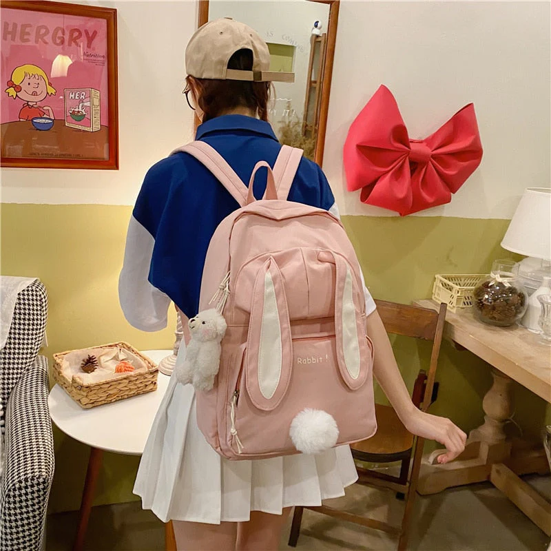 deanwangkt  Cute Rabbit Young Girl School Backpack Female Large Capacity Kawaii Back Pack Mochila Pink Women Bagpack Nylon Cartoon Schoolbag - Deanwangkt