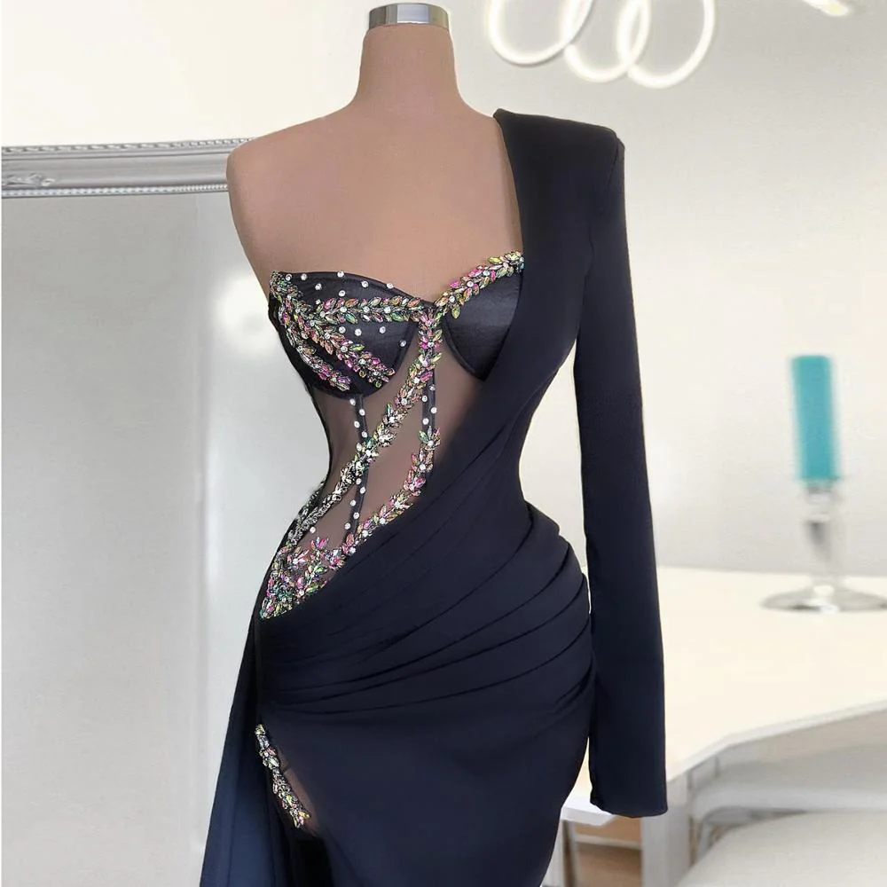 Real Image Sexy One Shoulder Navy Blue Mermaid Evening Dresses Long Sleeves Crystals Pageant Dress High Slit Simple Prom Gowns - Deanwangkt