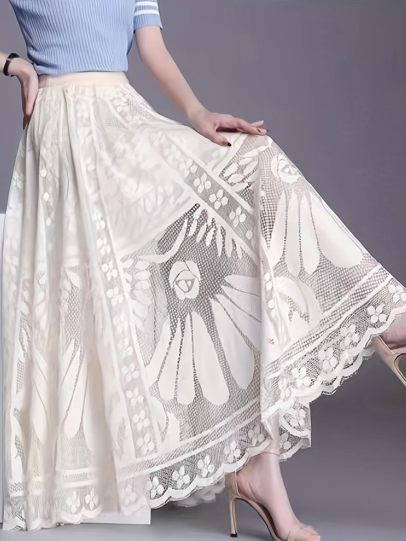 Scallop Trim High Waist Lace Skirt, Elegant Ankle Length Skirt For Spring & Summer, Women's Clothing - Deanwangkt