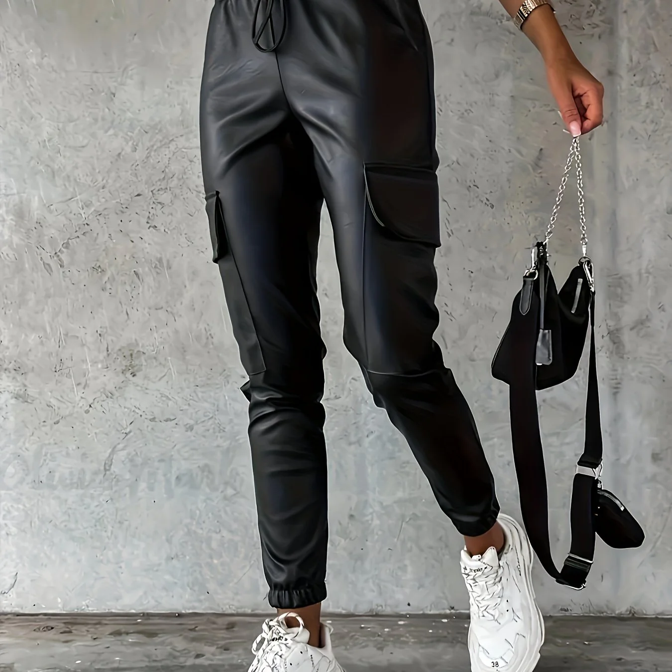 deanwangkt Plus Size Casual Pants, Women's Plus Solid Faux Leather Elastic Drawstring Cargo Pants With Pockets - Deanwangkt