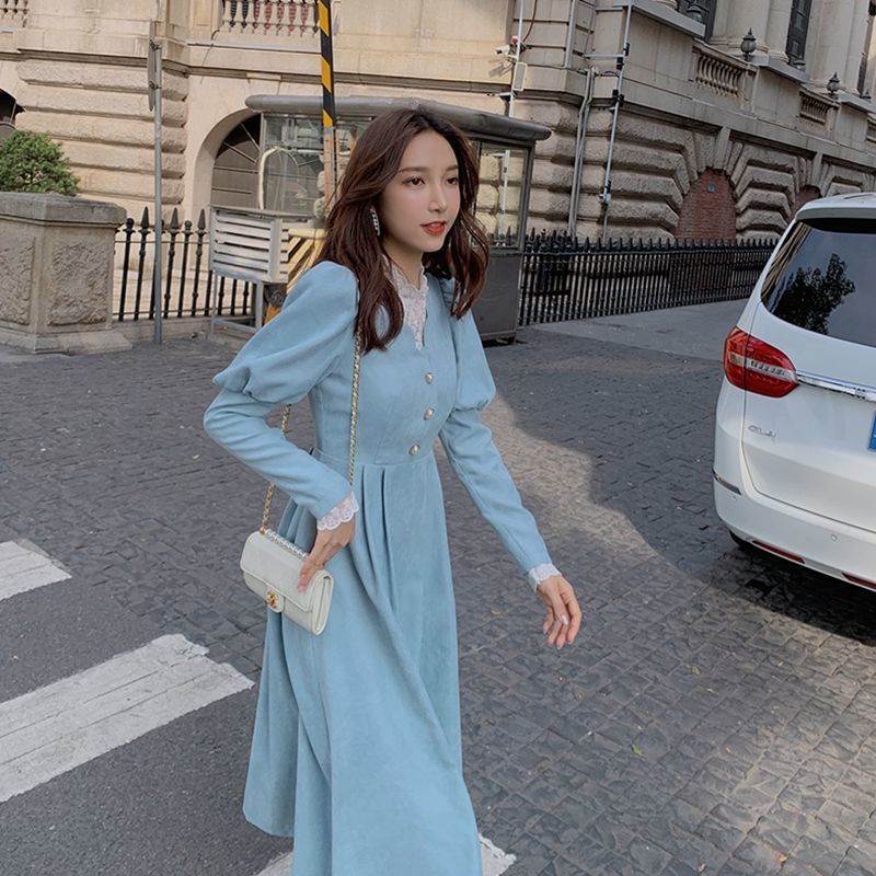 Joskka Spring Fall French Patchwork Dress Women Elegant Blue Lace Dress Female Puff Sleeve Kawaii Korean One-piece Dress - Deanwangkt