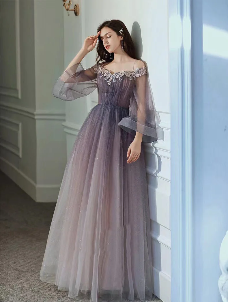 Solvbao Purple Gradient Tulle Long Sleeves Straps Prom Dress Party Dress, A-line Tulle Formal Dresses - Deanwangkt