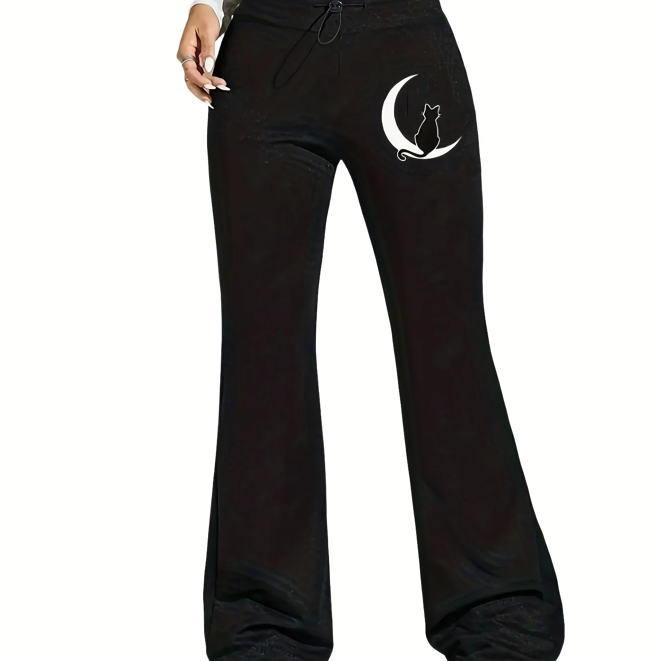 deanwangkt Plus Size Casual Pants, Women's Plus Cat & Moon Print Flared Leg Drawstring Skinny Pants - Deanwangkt
