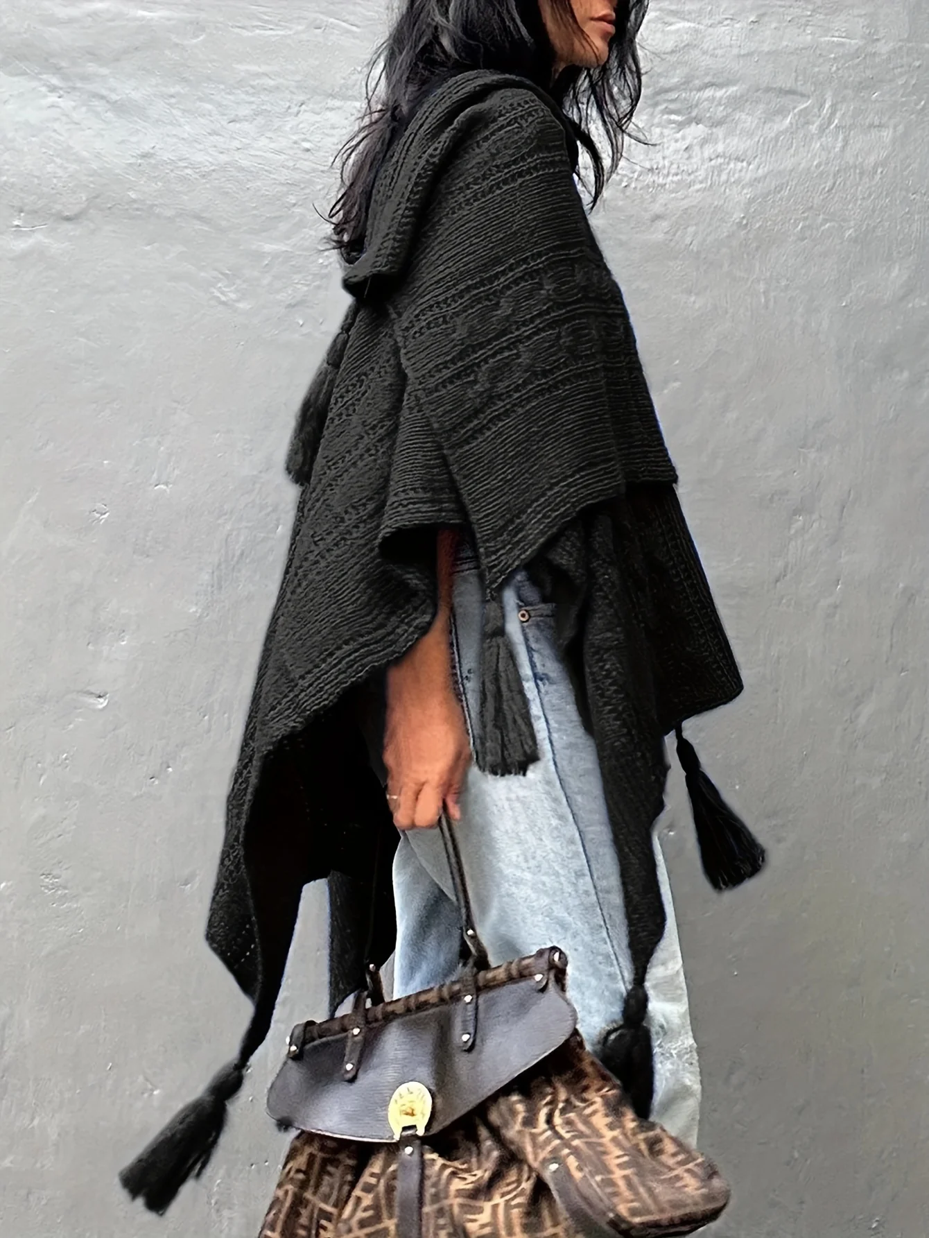 deanwangkt Plus Size Casual Cover Up, Women's Plus Solid Cape Sleeve Tassel Hem Beach Cover Up - Deanwangkt