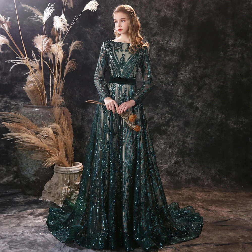 DEANWANGKT    Long Evening Dresses  Elegant Muslim Mermaid Long Sleeve Sequined Hunter Green Prom Party Formal Gown - Deanwangkt