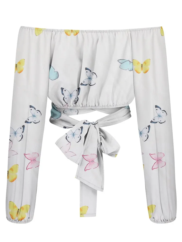 deanwangkt Women Elegant Boho Print Blouse Casual Long Lantern Sleeve Off Shoulder Slim Shirt Female Chic Cropped Top Summer Tunics - Deanwangkt