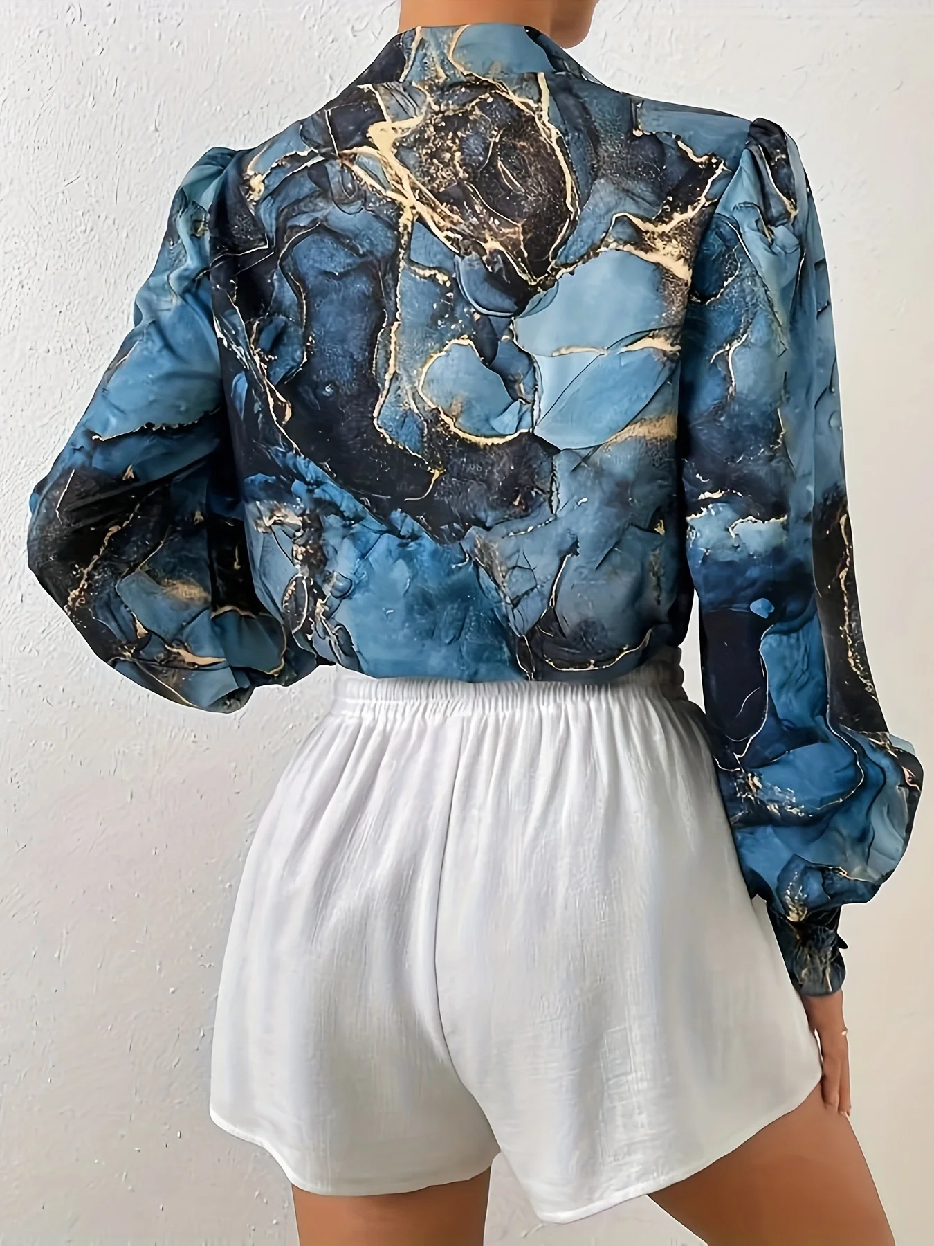 Plus Size elegant Blouse, Women's Plus Marble Print Lantern Sleeve Button Up Lapel Collar Shirt Top - Deanwangkt