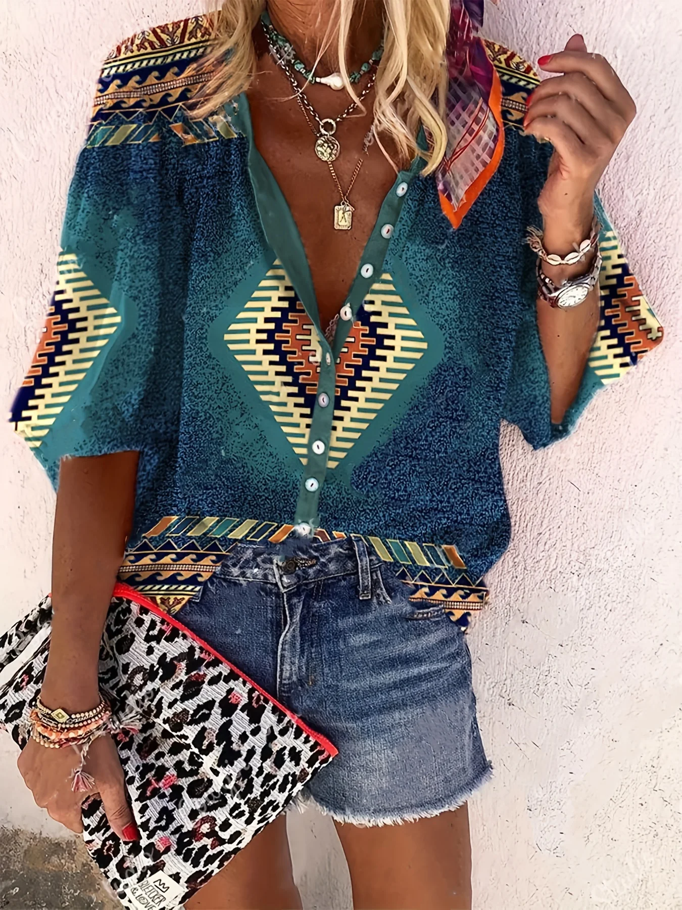 Western Geo Print Blouse, Casual Button V Neck 3/4 Sleeve Blouse For Spring & Summer, Women's Clothing - Deanwangkt