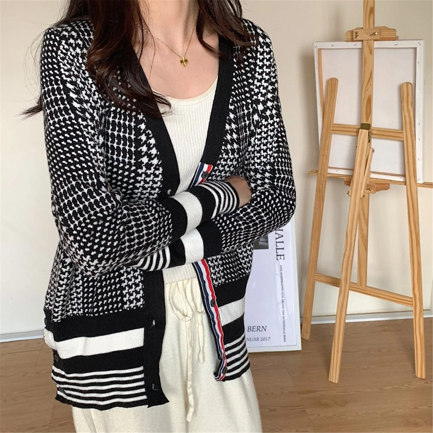 deanwangkt Vintage Houndstooth Plaid Cardigan Women Autumn Elegant Single Breasted Knitted Sweater Coat Korean Style Long Sleeve Jumper Top - Deanwangkt