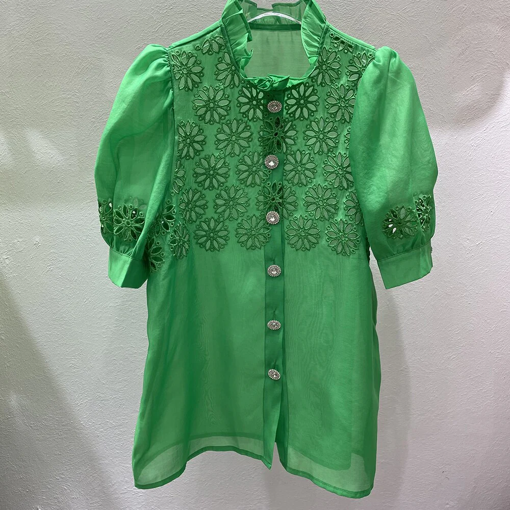 deanwangkt Print Cut Out Shirts For Female Stand Collar Short Sleeve Solid Casual Loose Minimalist Fashion Women Blouses - Deanwangkt