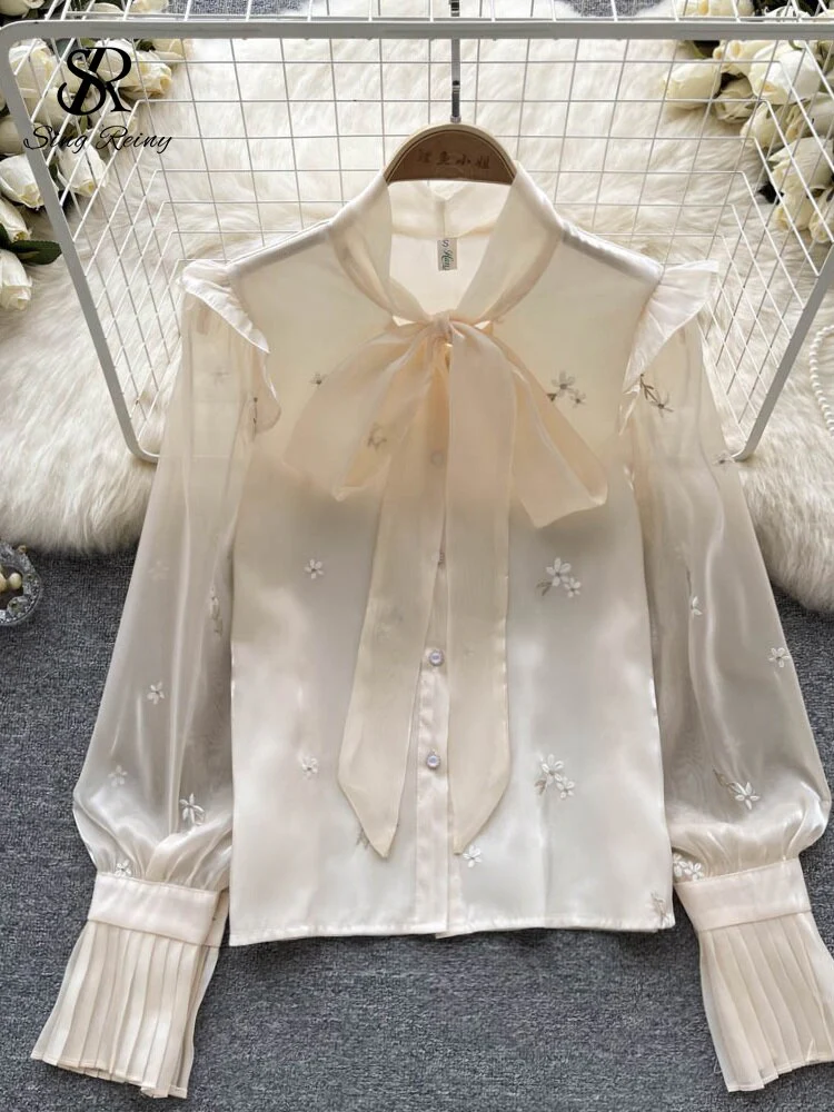 deanwangkt Print Sweet Fashion Women Blouse French Gengle Long Sleeve Single Breasted Tie O Neck  Autumn OL Short Chiffon Top - Deanwangkt