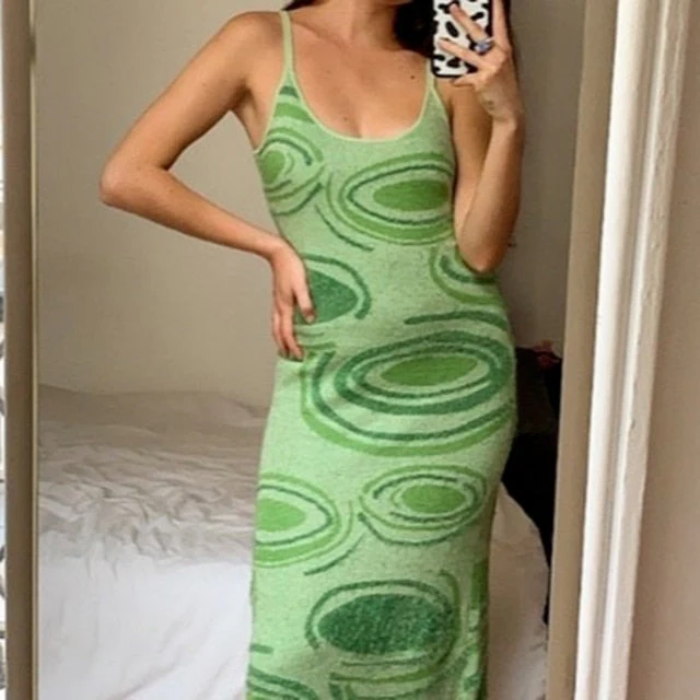 deanwangkt Sexy Print Knit Bodycon Dress Women Green Y2K Party Dress Hollow Out Sleeveless Spaghetti Strap Beach Midi Dresses Summer - Deanwangkt