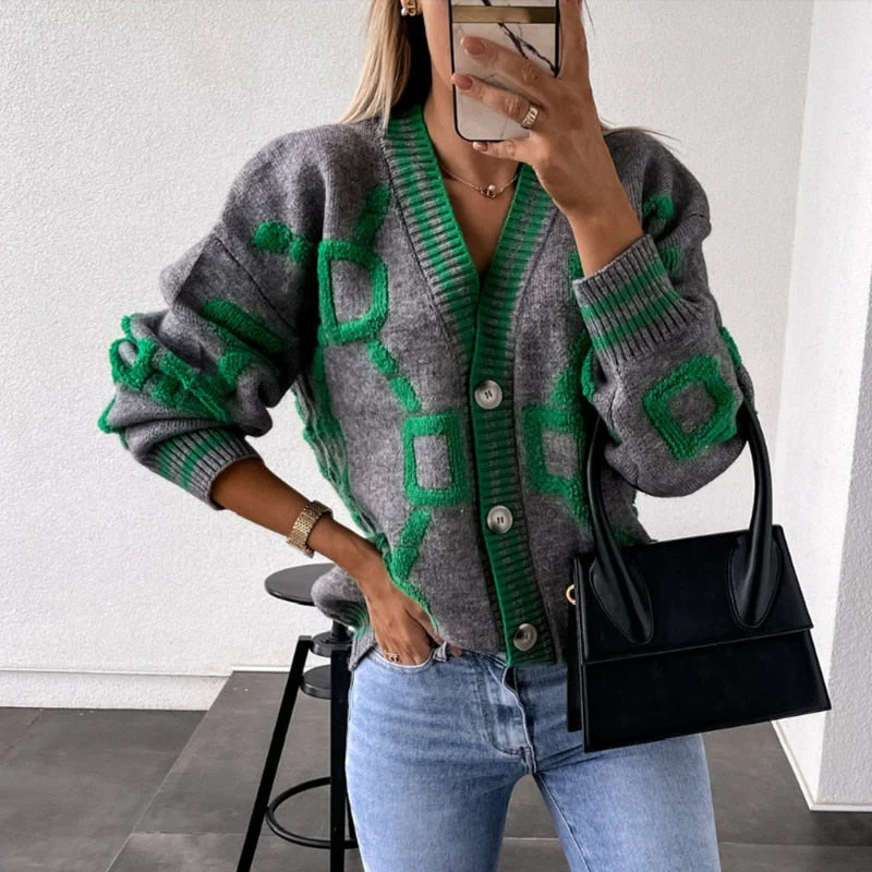 deanwangkt Back To School Women Cardigan Green Striped Pink Knit Button Lady Cardigans Sweaters V-Neck Loose Casual Winter Fashion Knitted Coat - Deanwangkt
