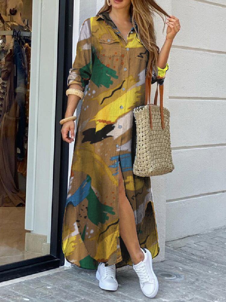 deanwangkt Women's Graffiti Print Lapel Shirt Dress with Double Pockets - Casual and Stylish - Deanwangkt