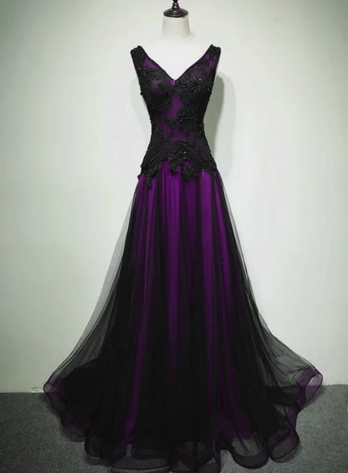 Solvbao A-line Black and Purple Tulle V-neckline Beaded Prom Dress, Black Tulle Formal Dress - Deanwangkt
