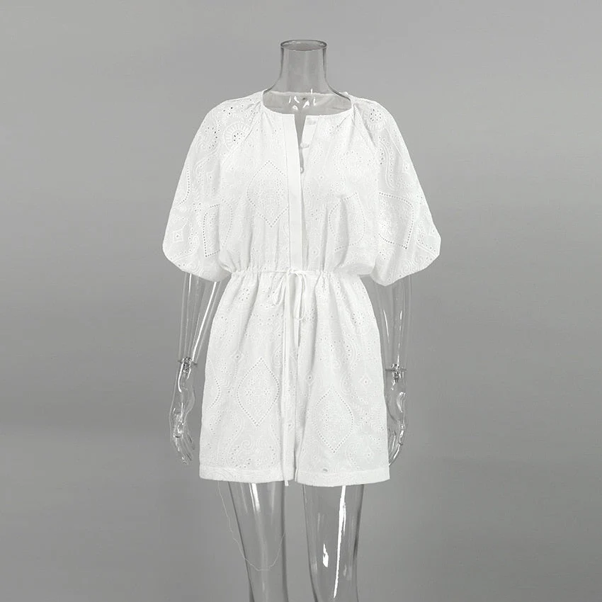 deanwangkt European and American fashion casual white Jacquard jumpsuit shorts women summer waist cotton bubble sleeve jumpsuit - Deanwangkt