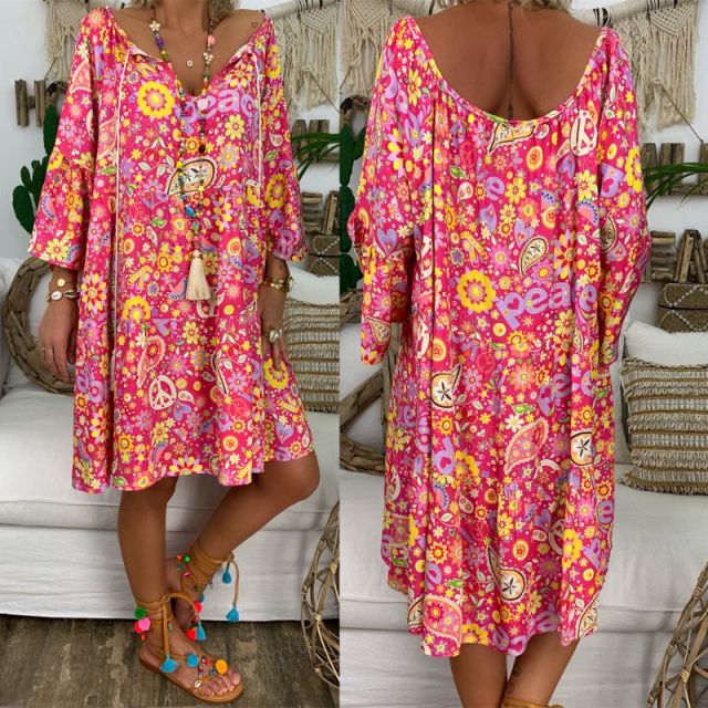 Summer Plus Size Women Boho Floral Print Dress Casual Loose Deep V Neck Holiday Beach Shirt Dress Vestido - Deanwangkt