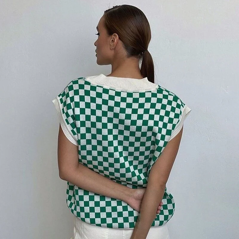 deanwangkt Ladies Autumn Winter Plaid Sweater Women Vest Pullover Casual Loose Streetwear Women Sweaters Knitted Female Waistcoat Chic Tops - Deanwangkt