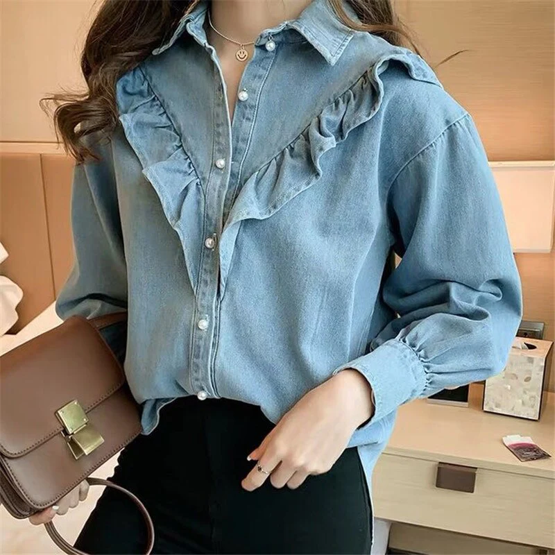 deanwangkt Spring Autumn  Ruffles Denim Jacket For Women Long Sleeve Pocket Jacket Femme Casual Overcoat Single Breasted Chic Jean Coat - Deanwangkt