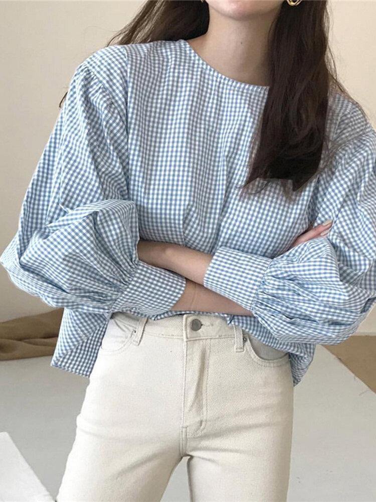 deanwangkt Puff Sleeve O-Neck Plaid Casual Loose Blouse For Women - Deanwangkt
