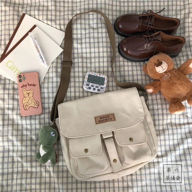 deanwangkt New Japanese High School Girls Canvas Bag Simple Large Capacity Crossbody Bags Women Multi-pockets Shoulder Bag Satchels Bolsos - Deanwangkt