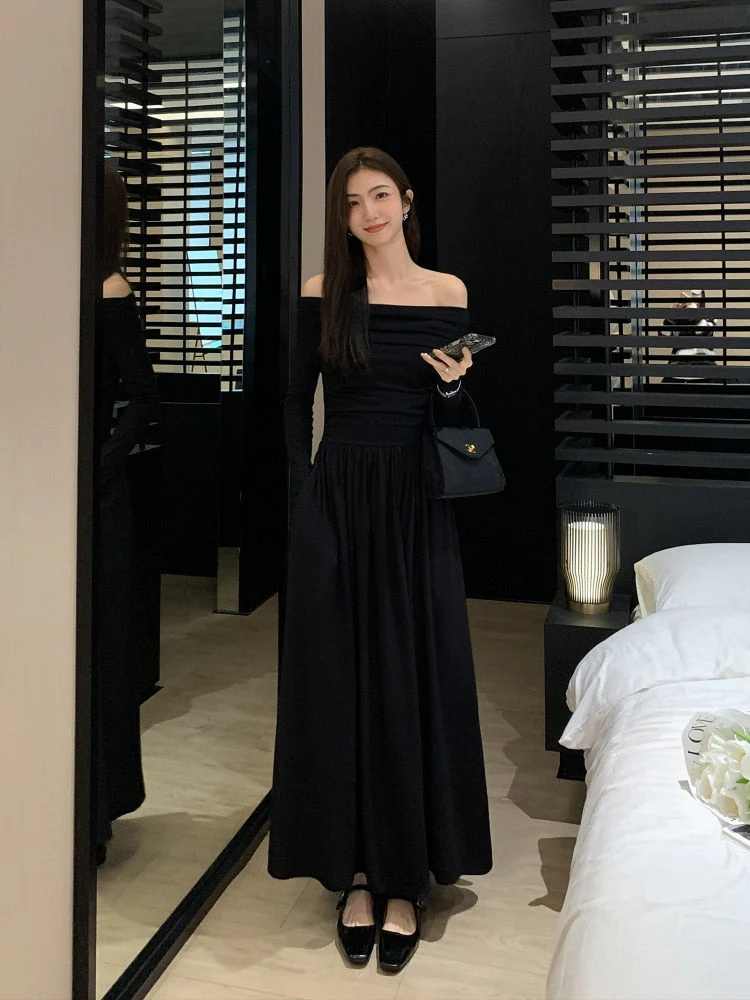 deanwangkt Autumn Fashion White Knitted Dress Women Elegant Sexy Off Shoulder Slim A-Line Robe Korean Spring Casual Long Sleeve Clothing - Deanwangkt